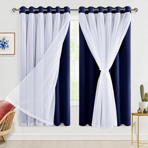 Miniatura 84 de Hiasan Cortinas opacas con superposición transparente, aislamiento térmico para mezclar y combinar de doble capa, cortinas de oscurecimiento de Beige