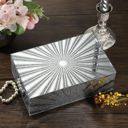 Miniatura 4 de Hipiwe Joyero de espejo con patrón de sol de diamante triturado, caja grande de cristal para baratijas, caja decorativa plateada, caja de recuerdos
