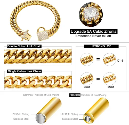 Miniatura 2 de PRADOG Collar de perro con cadena de oro con cierre de circonita, acero inoxidable de 18 quilates, collar de metal resistente para cachorros, collar