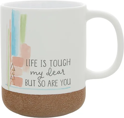 Pavilion Gift Company - Life Is Tough - Taza de cerámica de 16 onzas con fondo esmaltado arenoso, patrón de rayas de acuarela, taza de café de mango