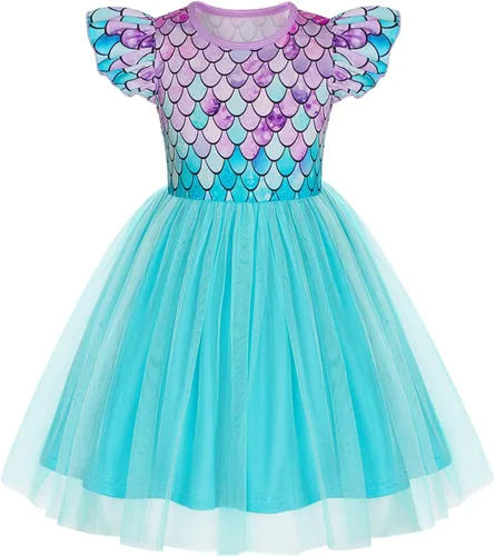 Miniatura 13 de WonderBabe Vestido de tul para niñas pequeñas, traje de unicornio, manga con volantes, ropa de cumpleaños, vacaciones, falda tutú casual de sirena
