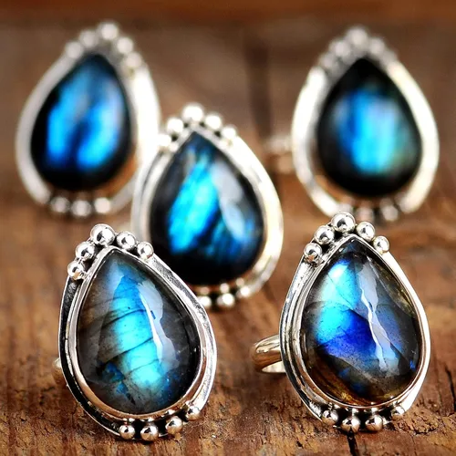 Miniatura 2 de Boho-Magic Anillo de plata de ley con labradorita para mujer, joyería bohemia con piedras preciosas en forma de lágrima