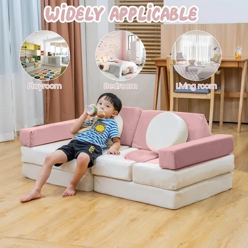 Miniatura 7 de Sofá modular de juego para niños de 13 piezas con funda de terciopelo lavable, sofá modular para niños y niñas, espuma convertible y cojín de suelo