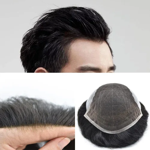 Miniatura 4 de Toupee - Sistemas de reemplazo de cabello para hombre, encaje frontal suizo, nudo blanqueado, pieza de cabello humano natural 1# negro azabache, 8 x