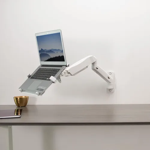 Miniatura 8 de VIVO Soporte de pared para portátil de brazo extendido neumático ajustable en altura, bandeja articulada de movimiento completo, se adapta a Blanco