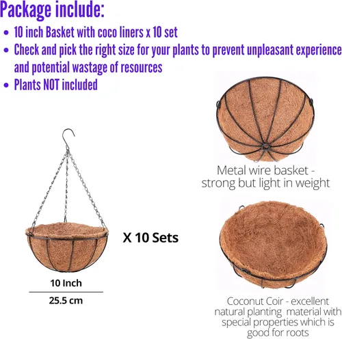 Miniatura 2 de LaLaGreen Cestas Colgantes para Plantas (Paquete de 10, 10 Pulgadas) Maceta Colgante para Exteriores con Forro de Coco, Soporte Colgador con Gancho