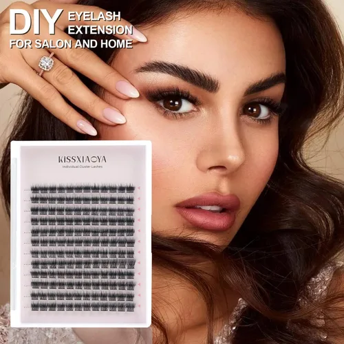 Miniatura 7 de KISSXIAOYA Extensiones de pestañas en racimo, 144 pestañas individuales en racimo D, 0.551 in, pestañas postizas de tallo ancho, suaves y naturales