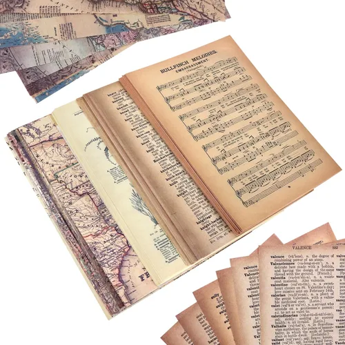 Páginas de diario basura vintage hechas a mano, hojas de álbumes de recortes, incluyendo revistas, periódicos, partituras y papel kraft para álbumes