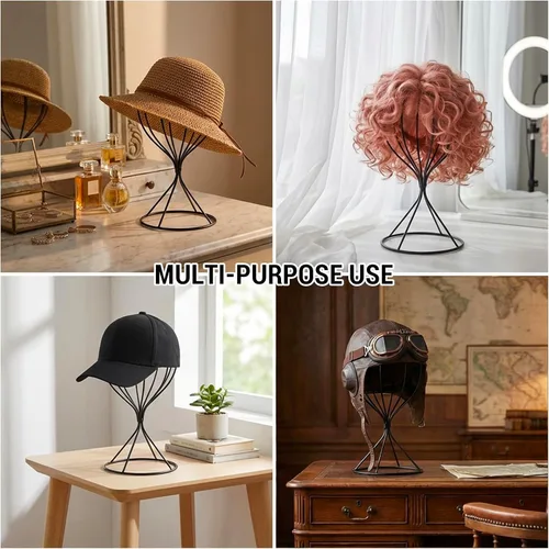 Miniatura 3 de MyGift Soporte de alambre de metal negro para sombrero, estante de exhibición de pelucas, forma de almacenamiento de fedora o gorra de béisbol