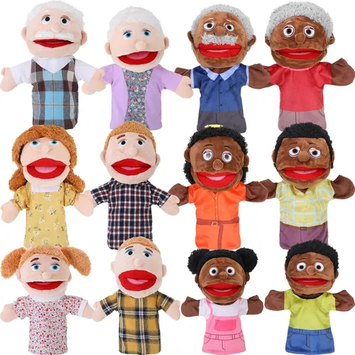 Shappy 12 marionetas familiares de mano de 12 pulgadas, abuelos, mamá y papá, hermano y hermana, hijo e hija, juguetes de peluche para juegos de