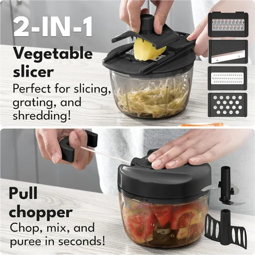 Miniatura 2 de LEBENLANG Procesador manual de alimentos y picador de cebolla, 26 onzas, incl. útil accesorio I sin BPA I Picador manual de alimentos con cuerda