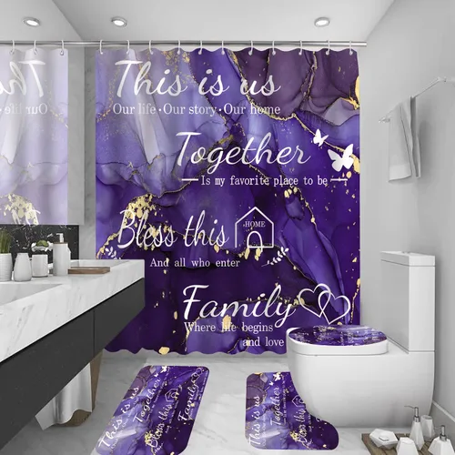 Miniatura 11 de Juego de 4 piezas de cortinas de ducha familiares con alfombras antideslizantes, cubierta para tapa de inodoro y tapete de baño, conjunto negro