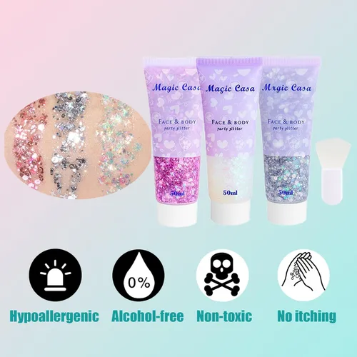 Miniatura 3 de Purpurina corporal blanca, plateada y rosa, 5.1 fl oz, accesorios de gel autoadhesivos, purpurina cosmética de larga duración, lentejuelas gruesas