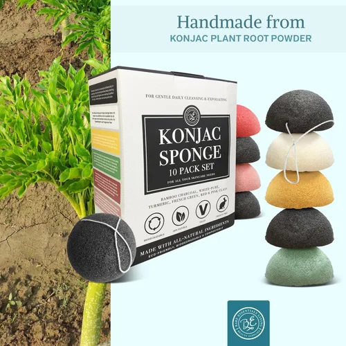 Miniatura 7 de Bare Essentials Living - Juego de esponjas Konjac (paquete de 10) con esponja facial de carbón de bambú activado, natural, ideal para tratamientos