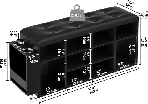 Miniatura 3 de IRONCK Banco para Zapatos, Banco de Entrada con Diez Compartimentos de Almacenamiento con Cuero PU, Organizador de Zapatero Cúbico con Estantes Negro
