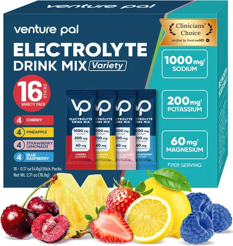 Venture Pal Paquete de electrolitos en polvo sin azúcar con alto contenido de sodio, paquetes de hidratación cero calorías con vitamina, sodio,
