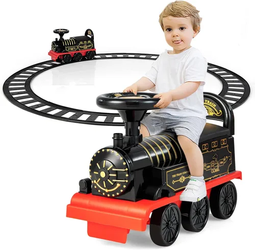 Miniatura 13 de OLAKIDS Tren para niños con pista, juguete eléctrico de 6V con luces y sonidos, reposapiés retráctil, almacenamiento debajo del asiento, tema