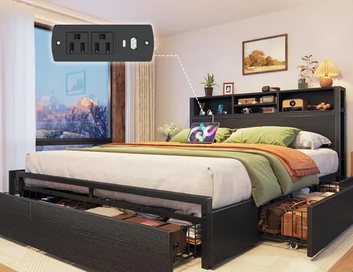 EnHomee Estructura de cama Queen con 6 cajones de almacenamiento, estructura de cama tamaño Queen con cabecero, cama de almacenamiento con estación
