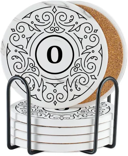 Miniatura 17 de Onebttl Juego de 6 posavasos con monograma, letra inicial, cerámica, absorbente con base de corcho, decoración del hogar para familia, inauguración