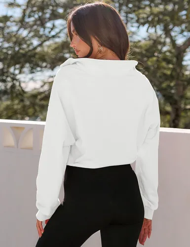 Miniatura 3 de MEROKEETY Sudadera corta con cremallera de un cuarto para mujer, manga larga, cuello alto, con cordón