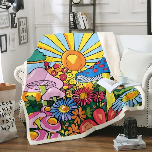 Manta de vellón Kawaii Mushroom Boho – Hippie Groovy Floral Sherpa Queen – 60s 70s Retro Vintage Theme Throw – Chic Daisy Flower Plush Geometric