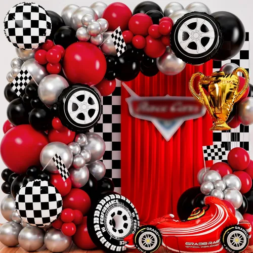 Kit de Arco de Globos TODO EN 1 para Autos de Carreras con TROFEO BONUS y Número 2 - Kit de Guirnalda de Globos de Autos para Suministros de Fiesta