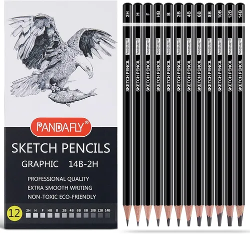 PANDAFLY Juego de lápices de dibujo profesional, 12 lápices de grafito (14B a 2H), ideal para dibujar arte, bocetos, sombreado, lápices de artista