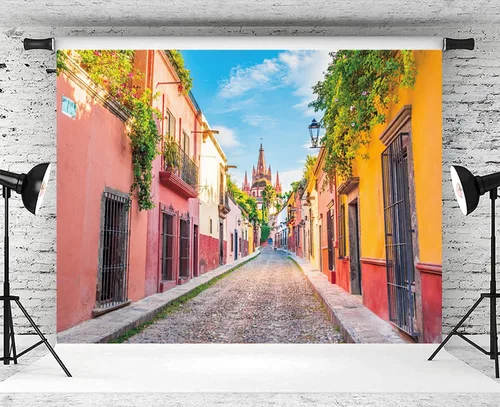 Miniatura 3 de Telón de fondo colorido de la calle de la ciudad de México, 5 x 3 pies, fondo de fotografía de casa, escenario de callejón, fiesta mexicana