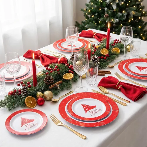 Miniatura 2 de Rubtlamp 125 piezas de platos de plástico de Navidad, platos rojos de plástico con árbol de Navidad nevado, vajilla desechable de Navidad incluye 25