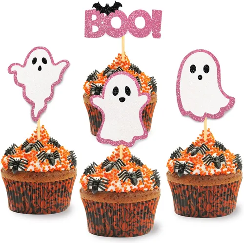 Miniatura 9 de 24 piezas de adornos de Halloween para cupcakes fantasmas, palillos de revelación de género para niños y niñas, adornos para tartas rosas y azules