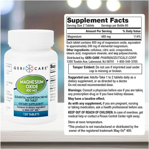 Miniatura 3 de GeriCare Suplemento de óxido de magnesio 240 mg de magnesio elemental, 120 tabletas, apoyo mineral esencial, promueve la salud vascular, la fuerza