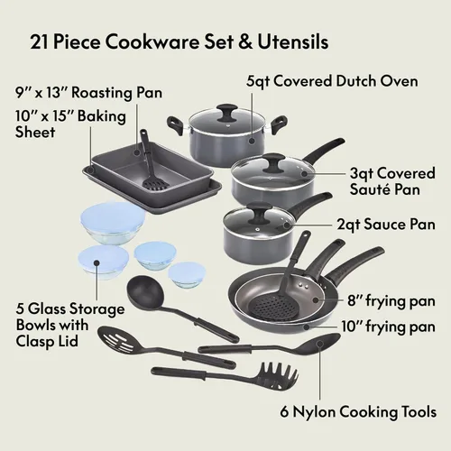 Miniatura 3 de bella Juego de utensilios de cocina con tapas de vidrio antiadherentes, superficie libre de PFOA y resistente a los arañazos, utensilios de Negro