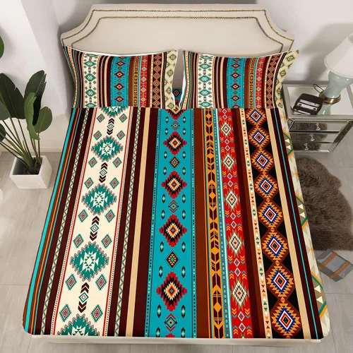 Miniatura 29 de Homewish Western Fitted Sheets Twin Size (No Flat),Retro Country Tribal Bedding Set 2Pcs,Kids Girls Boys Room Decor,Southwest Aztec Stripes Bed