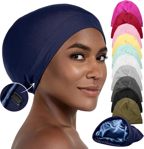 Miniatura 10 de CAPLORD Gorro de satén para dormir, envoltura de pelo rizado para hombres, gorros de seda ajustables para mujeres, gorro de seda para el cabello