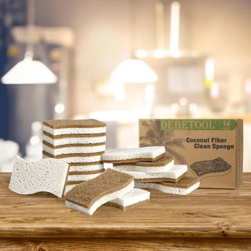Miniatura 6 de DEBETOOL Paquete de 14 esponjas de cocina naturales, esponjas ecológicas para cocina, esponja biodegradable de celulosa y coco, esponja de limpieza