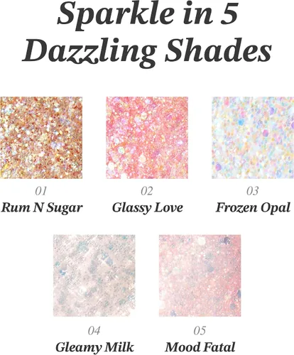 Miniatura 5 de Gel Glint Glitter (ron N Sugar, 0.13 onzas), maquillaje corporal multiusos para ojos, mejillas, cuerpo y cabello de LG Beauty. Pigmento rico, brillo