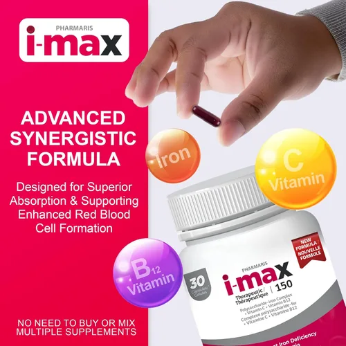 Miniatura 2 de Pharmaris i-max Suplemento de hierro de 150 mg, vitamina C 250 mg y B12 1000 mcg, suplemento de hierro para mujeres y hombres, sin tintes