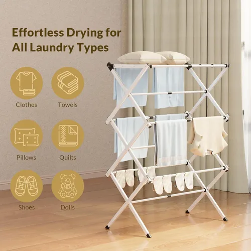 Miniatura 3 de Estante de secado de ropa, estante plegable expandible de metal resistente para secar al aire la ropa, estante portátil de 3 niveles para ropa