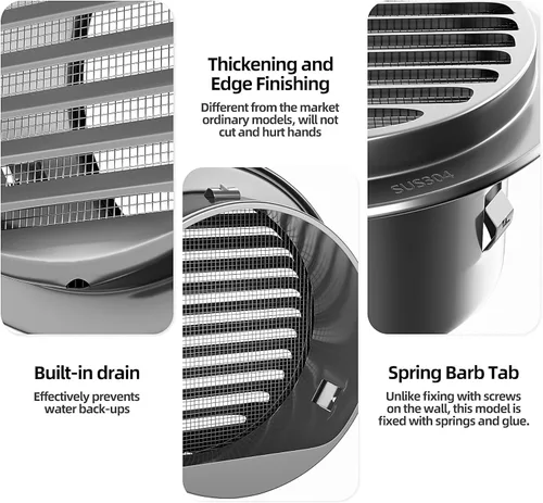 Miniatura 7 de Cubierta de ventilación de aire de acero inoxidable 304 engrosado de servicio pesado de 4", cubierta de rejilla con persianas, capucha