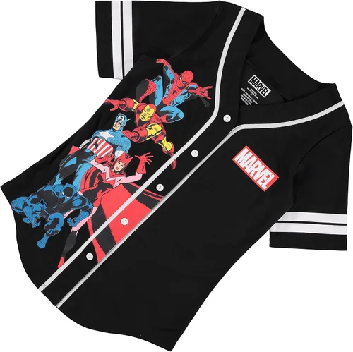 Miniatura 6 de Marvel Camiseta de béisbol para mujer de cómics, Spiderman, Ironman, Captain America y Hulk Mesh con botones