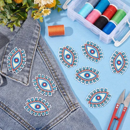 Miniatura 5 de AHANDMAKER 16 parches con patrón de ojos para ropa, apliques azules contra el mal de ojo, parches bordados para coser con hierro para ropa, Ojo Azul