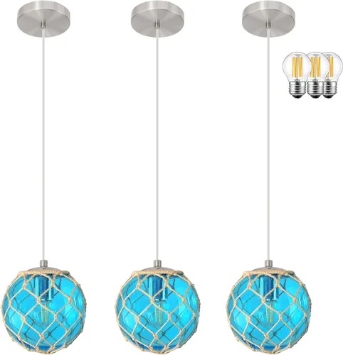 Paquete de 3 lámparas colgantes costeras azules de 6 pulgadas para isla de cocina, lámpara de techo con globo de vidrio oceánico, lámpara de techo