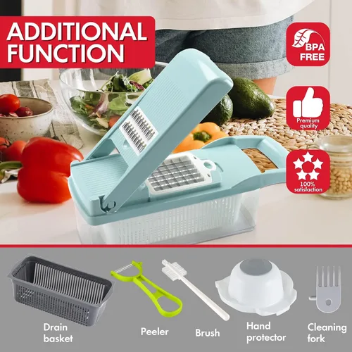 Miniatura 5 de Ourokhome - Cortador de mandolina para verduras, 7 cuchillas, práctico triturador de cebolla con separador de huevos y colador para cocina, Azul