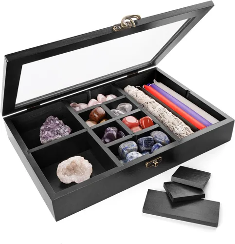 Mooncraftlogy Estuche Ajustable para Exhibición de Rocas, Caja de Colección de Cristales con Estantes, Organizador de Piedras Místicas de Madera,