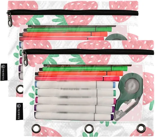 Miniatura 2 de Estuche para lápices de fresas rosas para carpetas de 3 anillas, estuche para lápices, bolsa de maquillaje con ventana transparente para almacenar