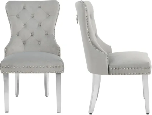 Miniatura 8 de adochr Juego de 2 sillas de comedor de terciopelo, sillas de comedor tapizadas acolchadas con anillo de tracción y patas de acero inoxidable, beige