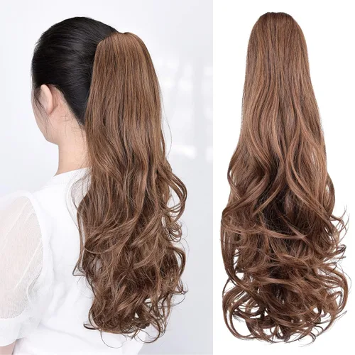 Miniatura 64 de Extensiones de cola de caballo, extensiones de cabello rizado con clip de garra de color marrón oscuro para mujer, peluca sintética de cola