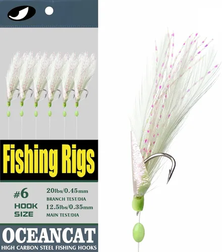 Miniatura 6 de OceanCat 10 paquetes de 6 ganchos/juego de plataformas de cebo de agua salada, gancho de cuerda de piel de pez de plumas blancas para pesca de agua
