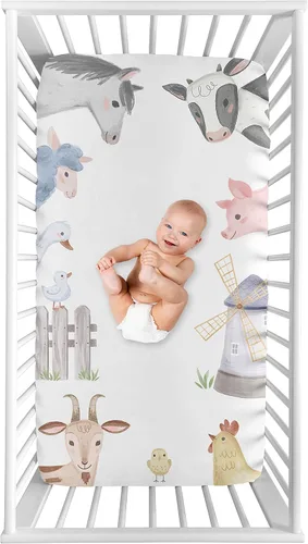 Miniatura 15 de Sweet Jojo Designs Sábana bajera ajustable de animales de granja para cuna portátil para cuna o paquete y juego - Acuarela de granja caballo, vaca