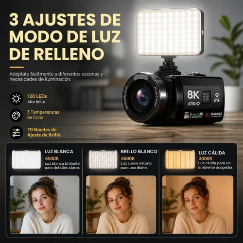 Miniatura 6 de Videocámara, videocámara 8K de 48 MP 15FPS UHD con Wi-Fi, cámara para vlogging con visión nocturna IR para YouTube, pantalla táctil de 3" con zoom